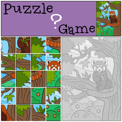 Education game: Puzzle. Little cute red panda eats leaves.