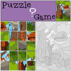 Education game: Puzzle. Two little cute red pandas.