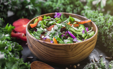 Organic vegetarian salad with vegetables and sauce. 