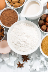 ingredients for baking and spices, top view vertical