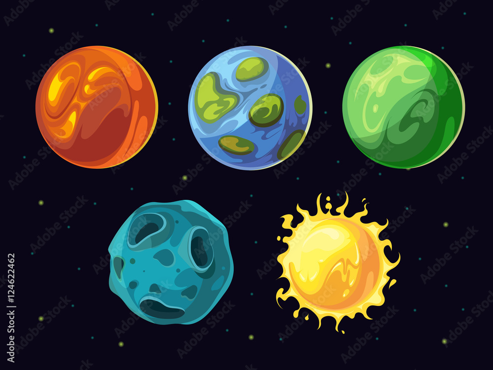 Aufkleber comic planets and stars vector set for space computer game user interface