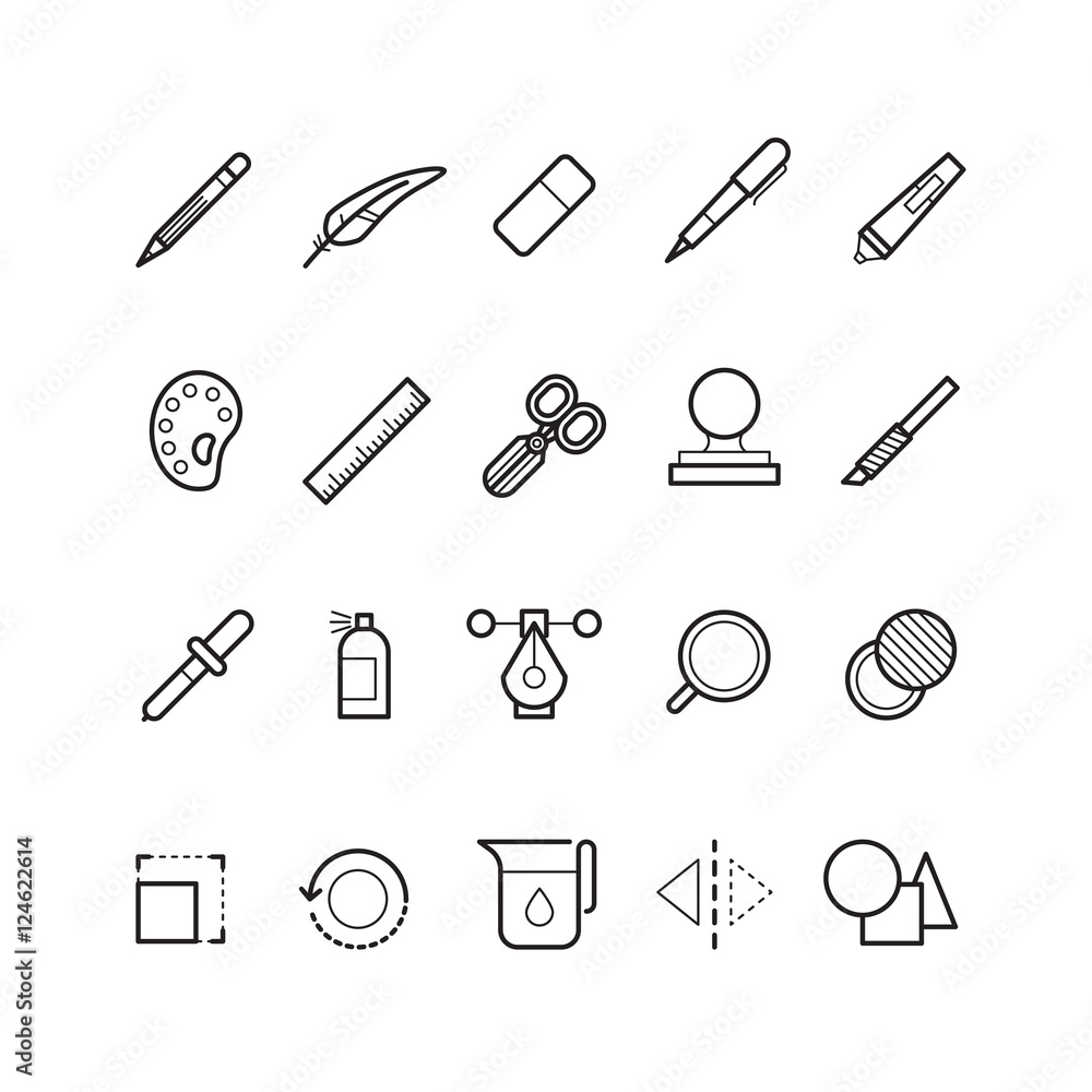 Poster drawing, design tools vector line text editor icons set for web ui app