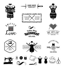 Set of vintage tailor labels, emblems and designed elements. Tailor shop theme