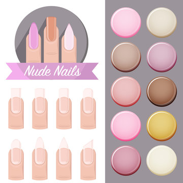 Nude Nails Salon - vector logo, icons and color palete with fingernails in different shapes. Beauty spa illustration with creative manicure style for women and girls