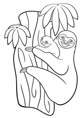 Coloring pages. Mother sloth with her little cute baby.