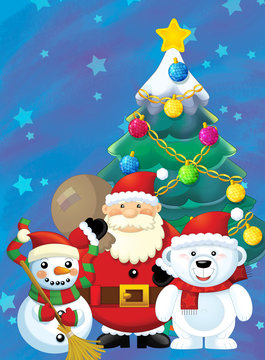 The santa claus with the sack full of presents - gifts - happy snowman and polar bear - with christmas tree - illustration for children - christmas design
