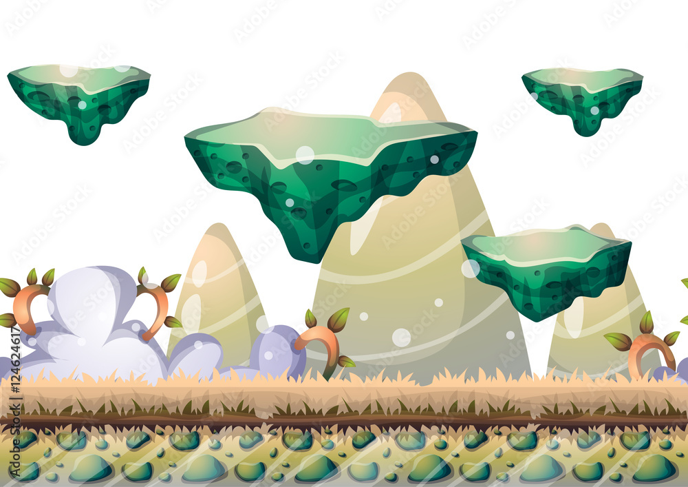 Poster cartoon vector floating island background with separated layers for game art and animation game desi