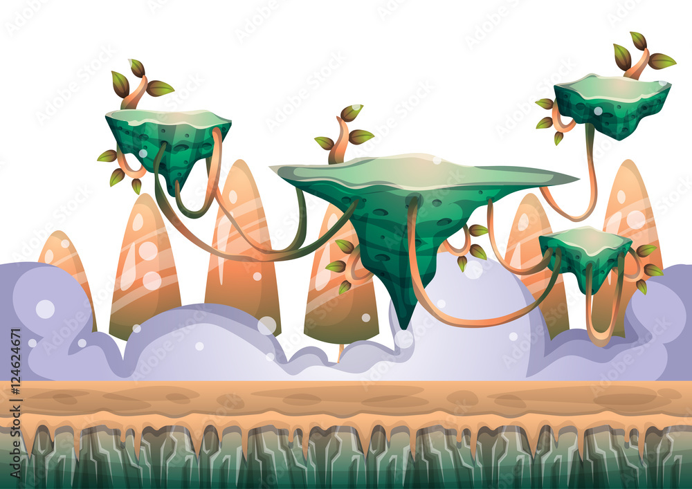Aufkleber cartoon vector floating island background with separated layers for game art and animation game desi