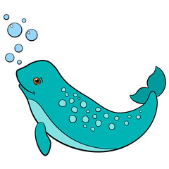Cartoon animals. Little cute lady narwhal smiles.
