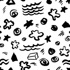 Hand drawn abstract seamless pattern with artistic stars, dots,