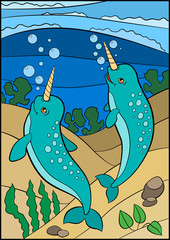 Cartoon animals. Two little cute narwhals swim underwater. © ya_mayka