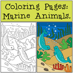 Coloring Pages: Marine Animals. Two little cute narwhals swim.