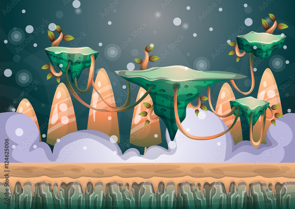 Aufkleber cartoon vector floating island background with separated layers for game art and animation game desi