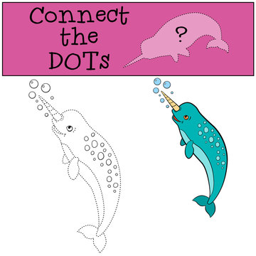 Educational game: Connect the dots. Little cute narwhal smiles.
