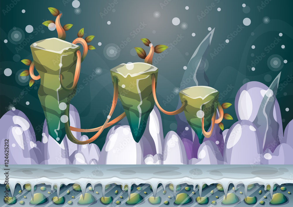 Poster cartoon vector floating island background with separated layers for game art and animation game desi