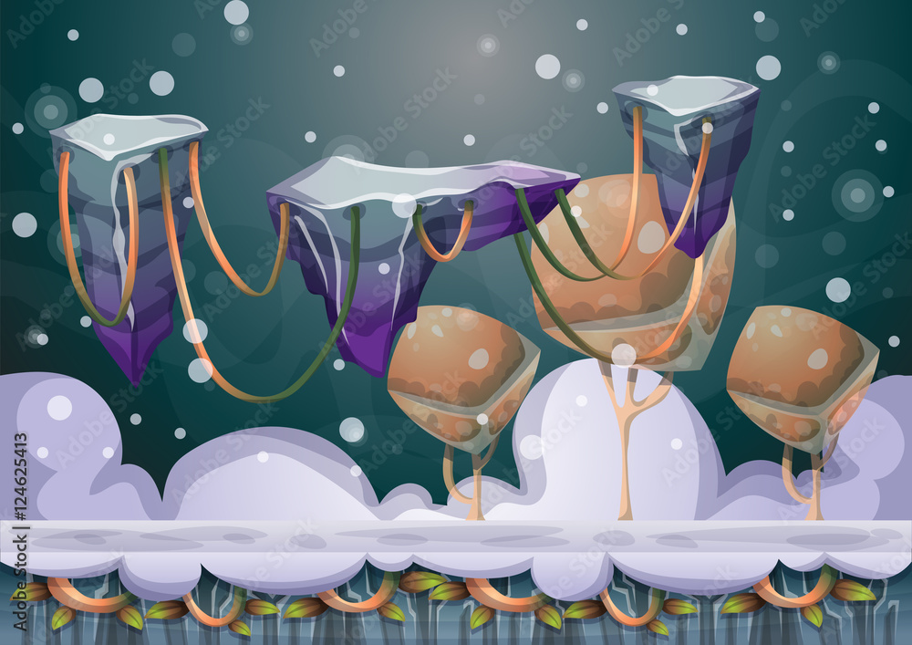 Poster cartoon vector floating island background with separated layers for game art and animation game desi