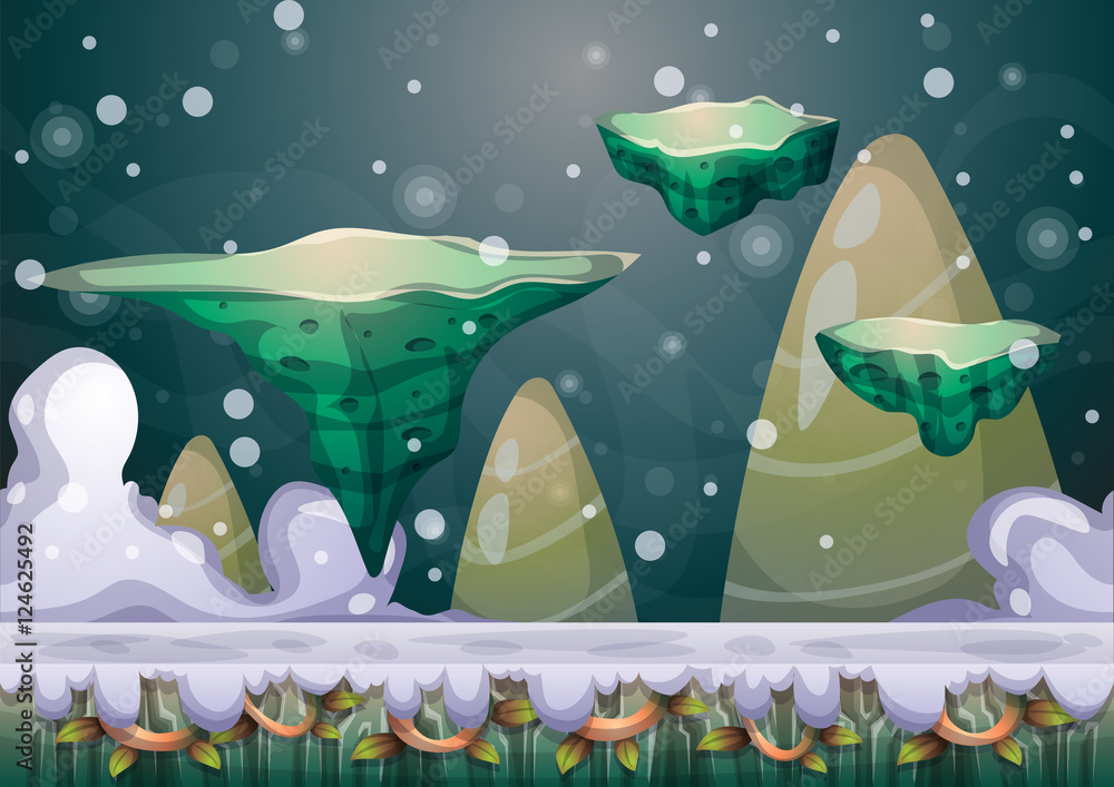 Poster cartoon vector floating island background with separated layers for game art and animation game desi