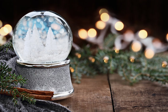 Silver Snow Globe with Miniature White Christmas Trees