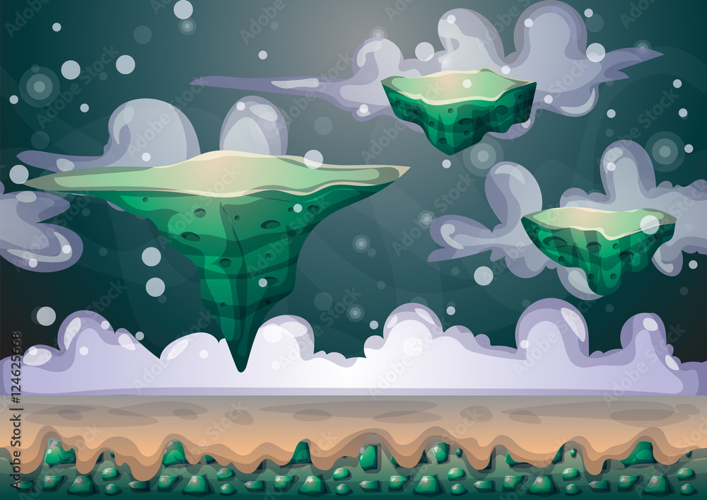 Aufkleber cartoon vector floating island background with separated layers for game art and animation game desi