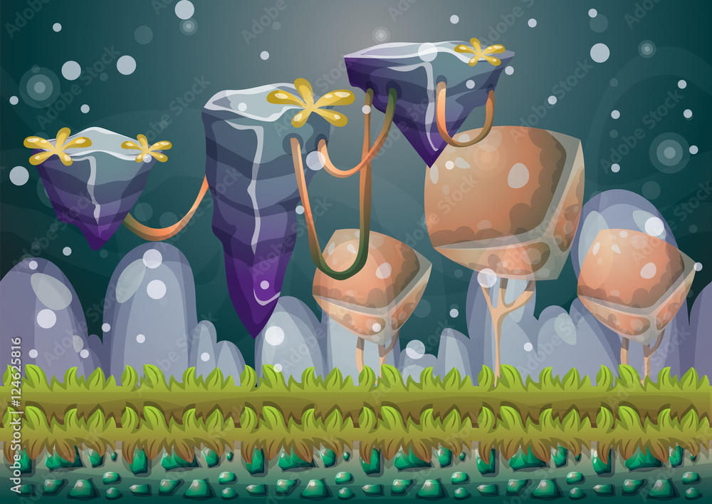 Aufkleber cartoon vector floating island background with separated layers for game art and animation game desi