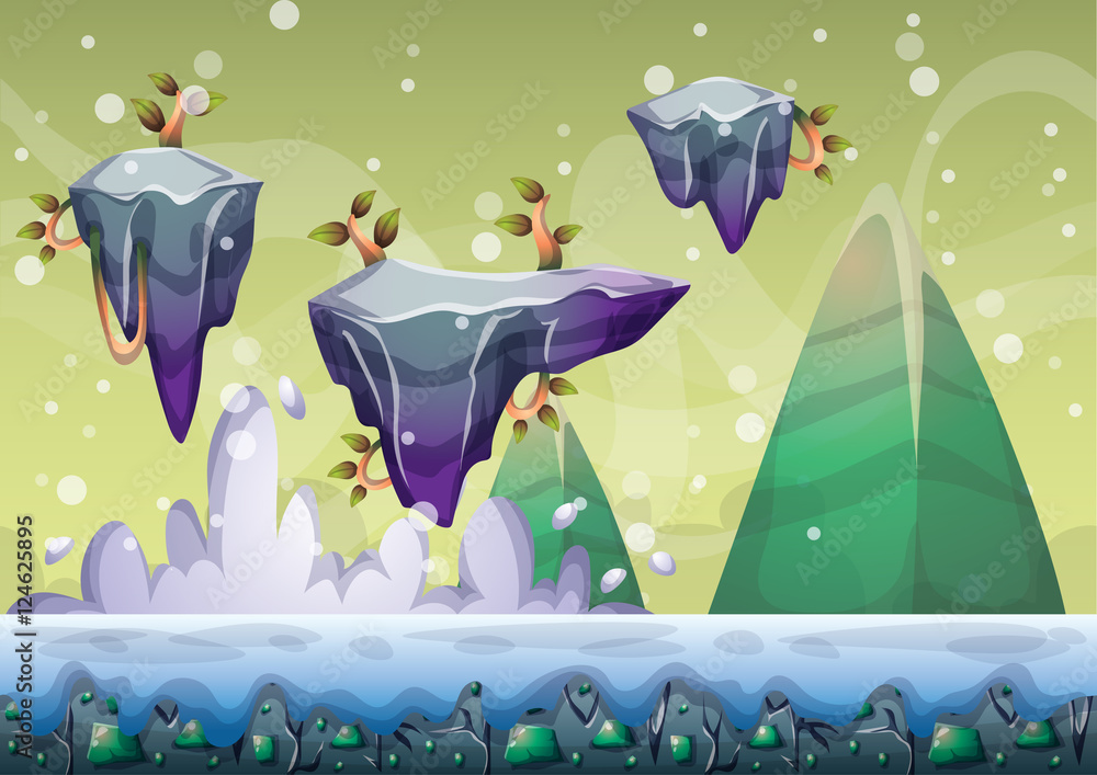 Aufkleber cartoon vector floating island background with separated layers for game art and animation game desi