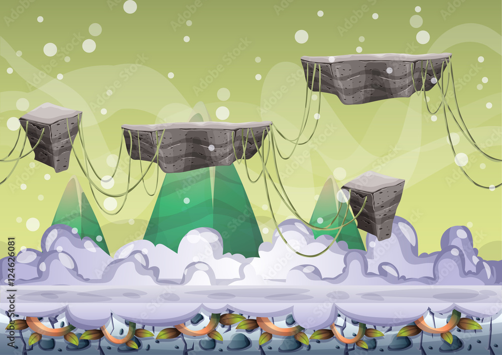 Aufkleber cartoon vector floating island background with separated layers for game art and animation game desi