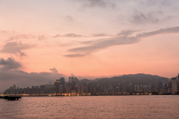 Victoria Harbor at dawn in Hong Kong