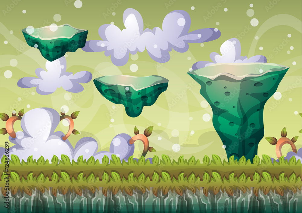 Aufkleber cartoon vector floating island background with separated layers for game art and animation game desi