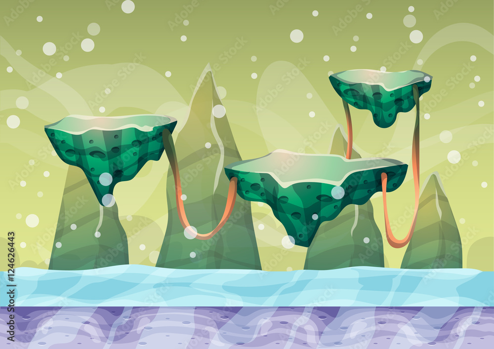 Poster cartoon vector floating island background with separated layers for game art and animation game desi