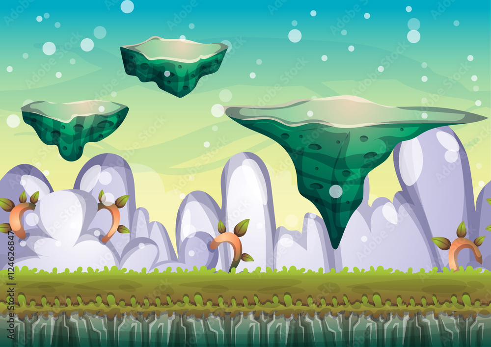 Poster cartoon vector floating island background with separated layers for game art and animation game desi