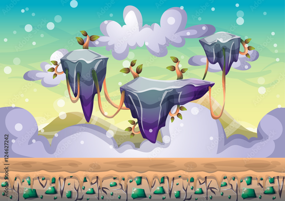 Poster cartoon vector floating island background with separated layers for game art and animation game desi