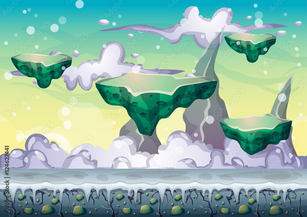 Aufkleber cartoon vector floating island background with separated layers for game art and animation game desi