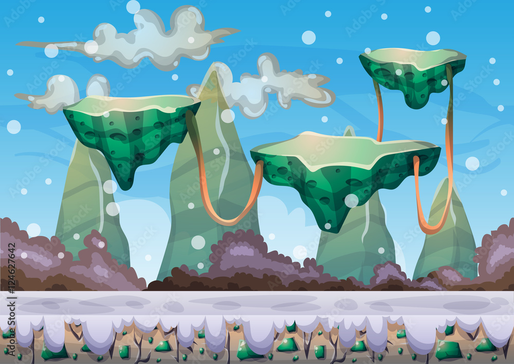 Poster cartoon vector floating island background with separated layers for game art and animation game desi