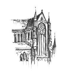 Gothic architecture. Hand drawn gothic cathedral. Vector illustration.