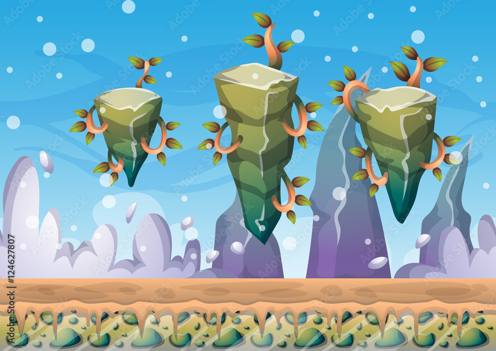 Poster cartoon vector floating island background with separated layers for game art and animation game desi
