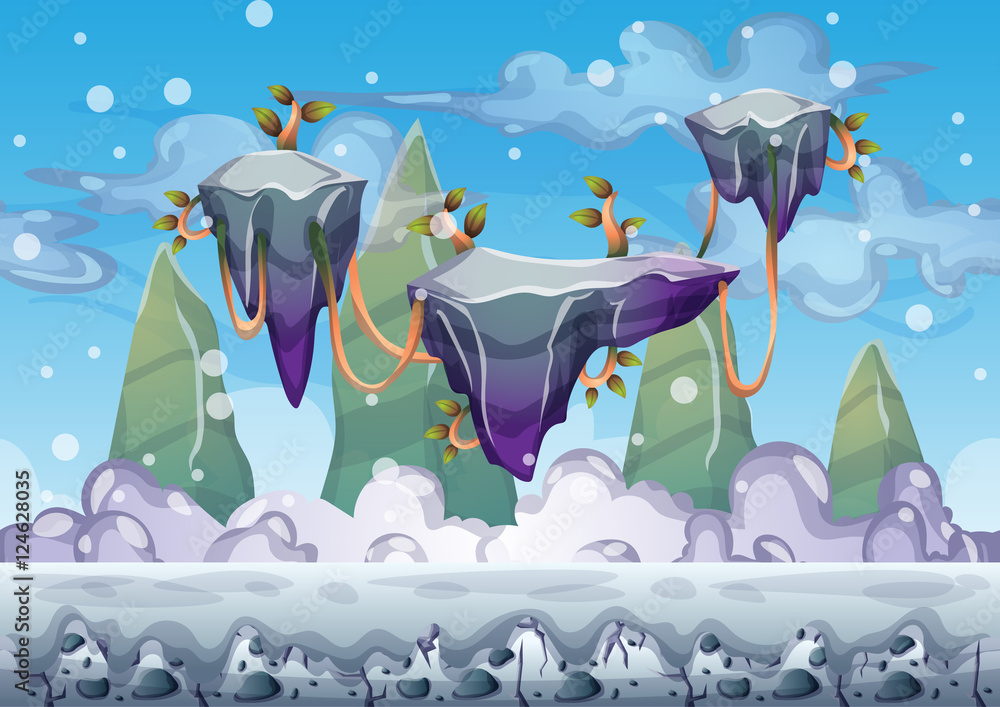 Aufkleber cartoon vector floating island background with separated layers for game art and animation game desi