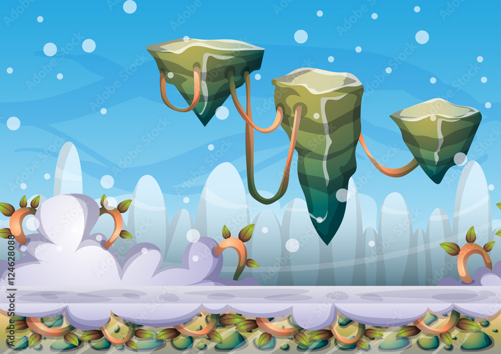 Aufkleber cartoon vector floating island background with separated layers for game art and animation game desi