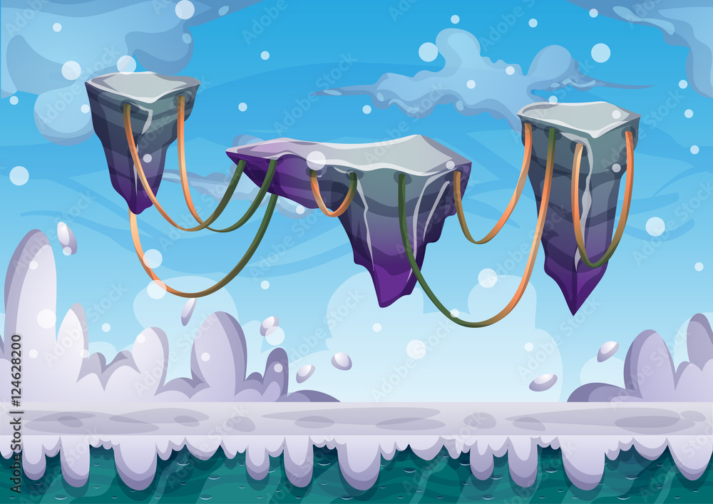 Poster cartoon vector floating island background with separated layers for game art and animation game desi