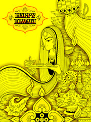 Lady burning diya on happy Diwali Holiday doodle background for light festival of India