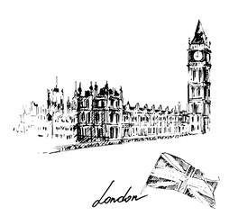 Big ben, british flag. Hand drawn vector illustration.