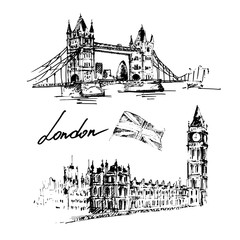 London illustration set: Tower bridge, Big ben, british flag. Hand drawn vector illustration.