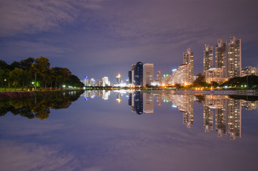 the cityscape of modern building with sky line, benjakitti park