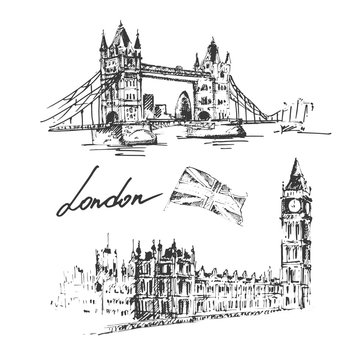 London illustration set: Tower bridge, Big ben, british flag. Hand drawn vector illustration.