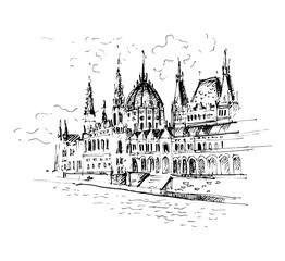 Hand drawn Hungarian parliament in Budapest. Sketch, vector illustration. - obrazy, fototapety, plakaty