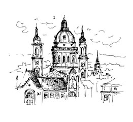 Hand drawn St. Stephen's Basilica in Budapest. Sketch, vector illustration.