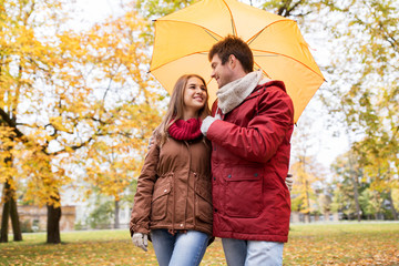 Fototapeta premium smiling couple with umbrella in autumn park