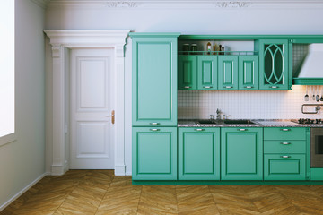 Wooden blue kitchen interior in classic style view 3 . 3d render