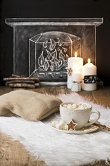 Kakao mit Marshmallow auf Fell mit Kamin Illustration