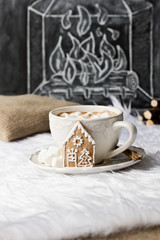 Kakao mit Marshmallow auf Fell mit Kamin Illustration
