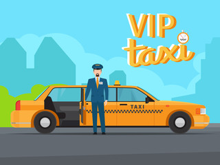 Vip taxi service with yellow car cab, driver in uniform and open door vector illustration